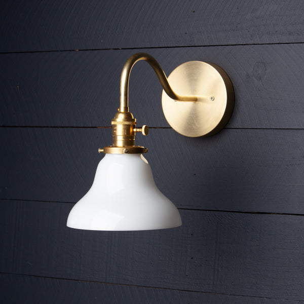 Vintage Milk Glass Bell Shade Raw Brass Wall Sconce Light