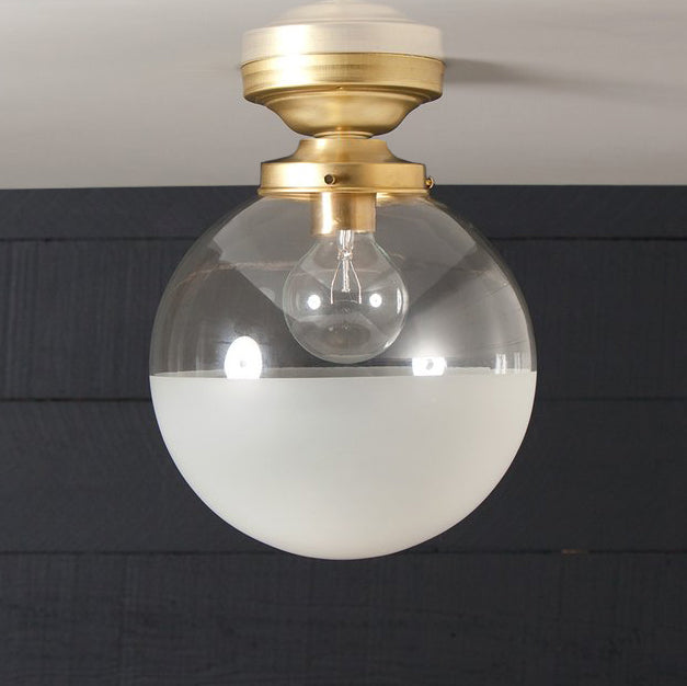 Semi Flush Mount Brass Glass Globe Ceiling Light - Half Frosted