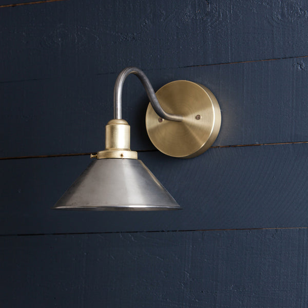 Brass and Steel Metal Shade Gooseneck Wall Sconce