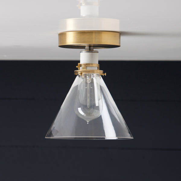 Clear Glass Cone Shade with Brass Ceiling Mount Light